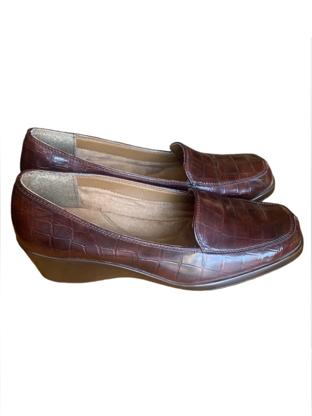 Aerosoles Final Exam Brown Croc Embossed Wedge Loafers Slip On Shoes Women 8.5